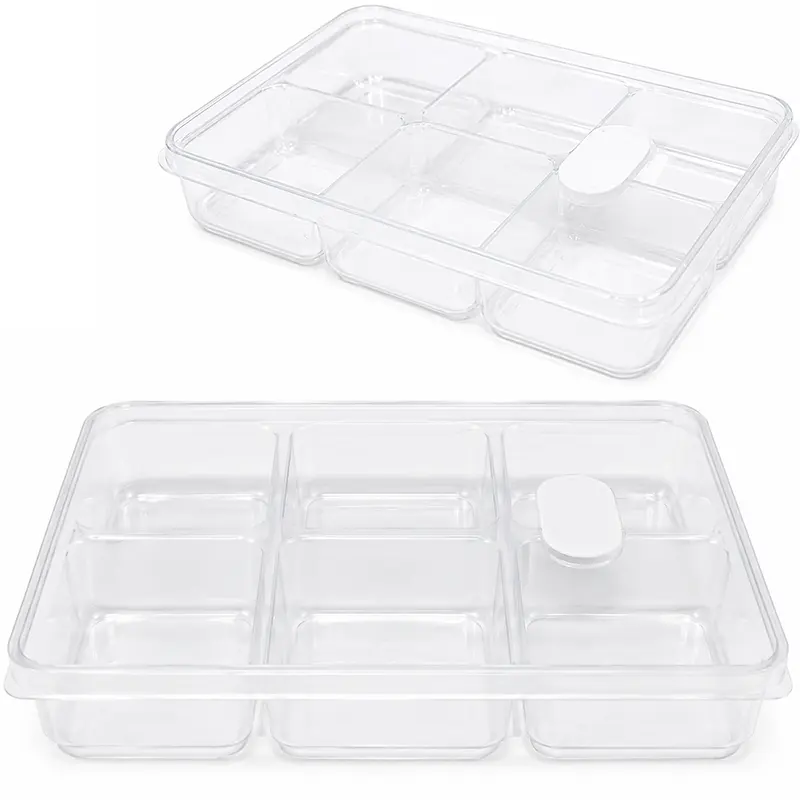POTE DE PLASTICO RETANGULAR TRANSPARENTE COM 6 DIVISORIAS + TAMPA E VALVULA 20,5X14X4CM