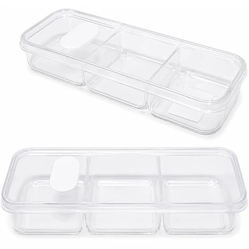 POTE DE PLASTICO RETANGULAR TRANSPARENTE COM 3 DIVISORIAS + TAMPA E VALVULA 20,5X7X3,5CM
