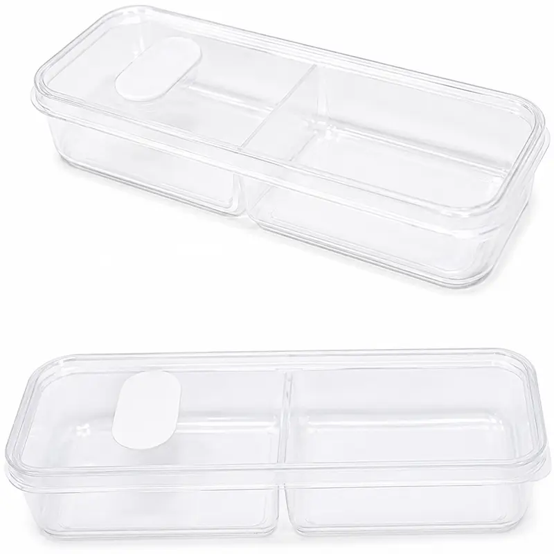 POTE DE PLASTICO RETANGULAR TRANSPARENTE COM 2 DIVISORIAS + TAMPA E VALVULA 20,5X7X3,5CM