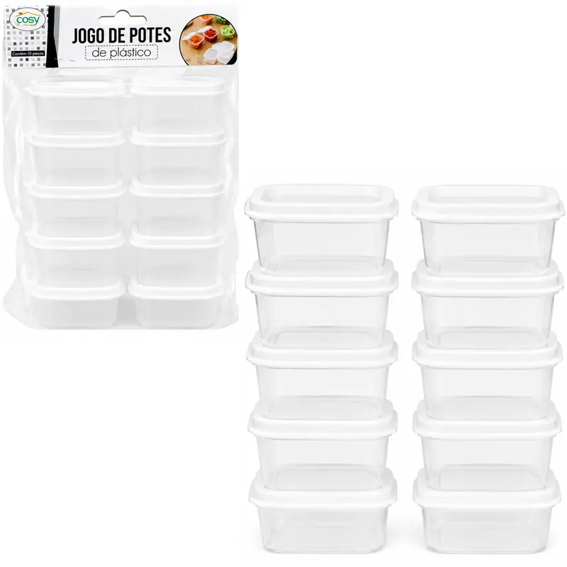 CONJUNTO DE MINI POTE DE PLASTICO RETANGULAR COM TAMPA 10 PECAS 70ML 6X5,5X3,5CM