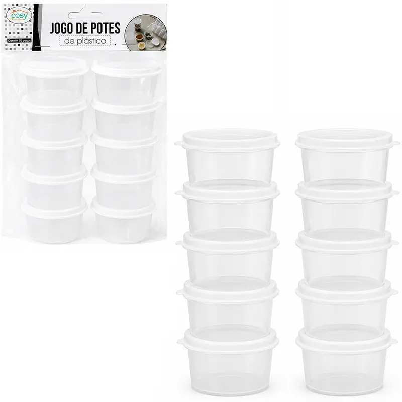 CONJUNTO DE MINI POTE DE PLASTICO REDONDO COM TAMPA 10 PECAS 70ML 3,5X6,5CM DE Ø