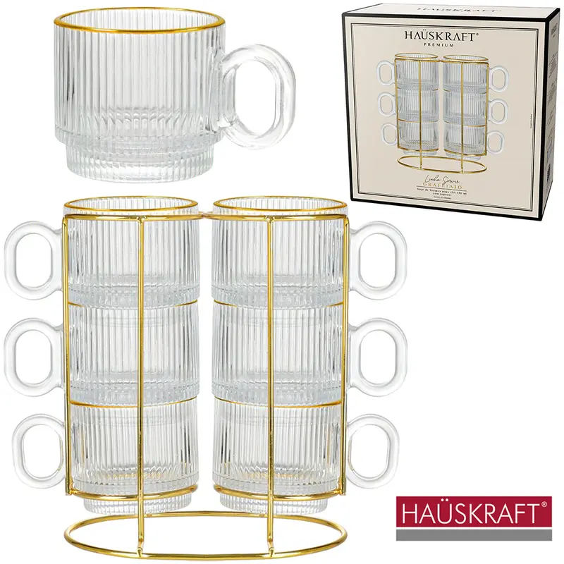 JOGO CANECA XICARA VIDRO EMPILHAVEL PARA CHA COM BORDA DOURADA 6 PECAS + SUPORTE ARAMADO GRAFFIATO HAUSKRAFT PREMIUM