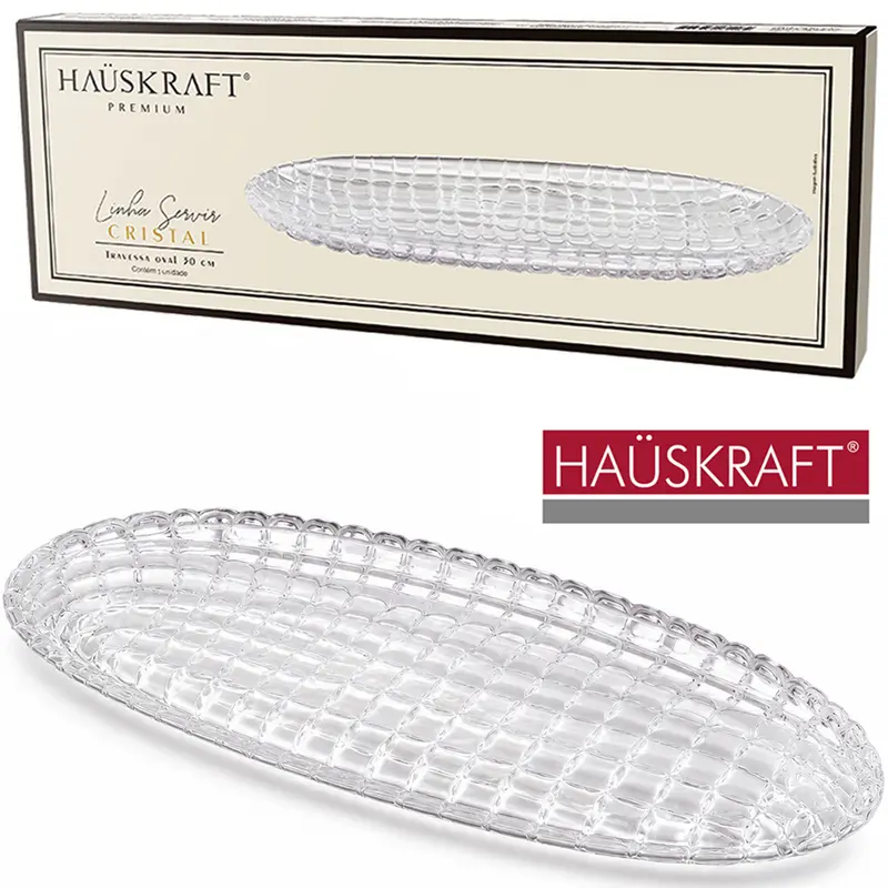 TRAVESSA DE VIDRO OVAL LINHA SERVIR CRISTAL HAUSKRAFT PREMIUM 30X10,5CM