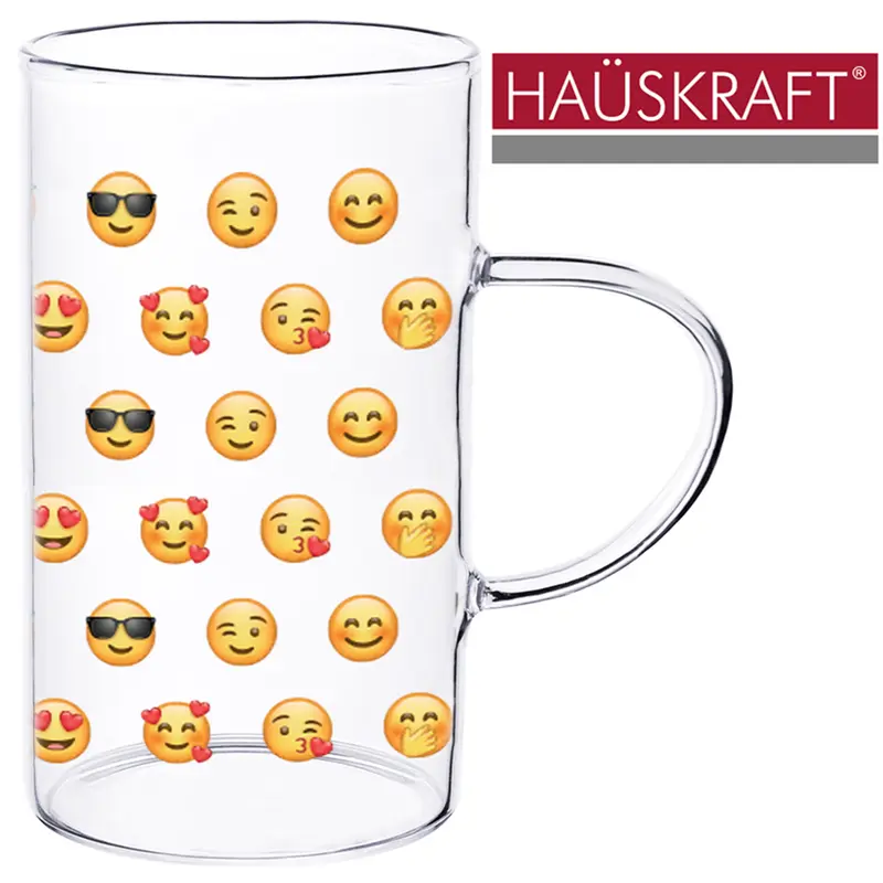 CANECA XICARA DE VIDRO BOROSSILICATO PARA CAFE / CAPPUCCINO EMOTICONS EMOJI HAUSKRAFT 280ML