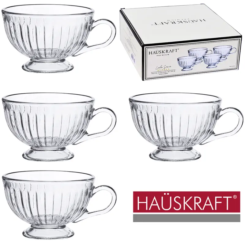 JOGO DE CANECA XICARA DE VIDRO CRISTAL PARA CHA LINHA SERVIR SUZANA HAUSKRAFT PREMIUM 4 PECAS 220ML