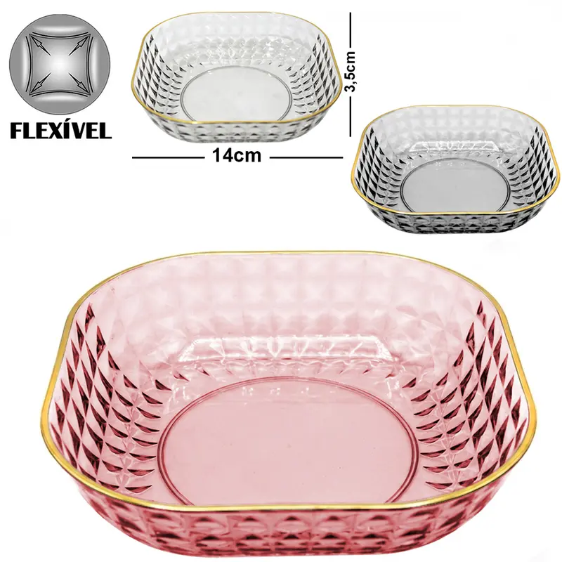 FRUTEIRA DE MESA DE PLASTICO PET FLEXIVEL QUADRADA BORDA DOURADA 14X3,5CM