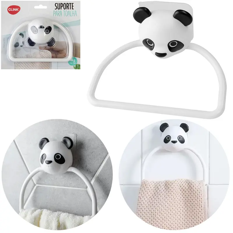 SUPORTE PORTA TOALHA DE ROSTO DE PAREDE DE PLASTICO PANDA COM AUTOADESIVO 14,5X14,5CM