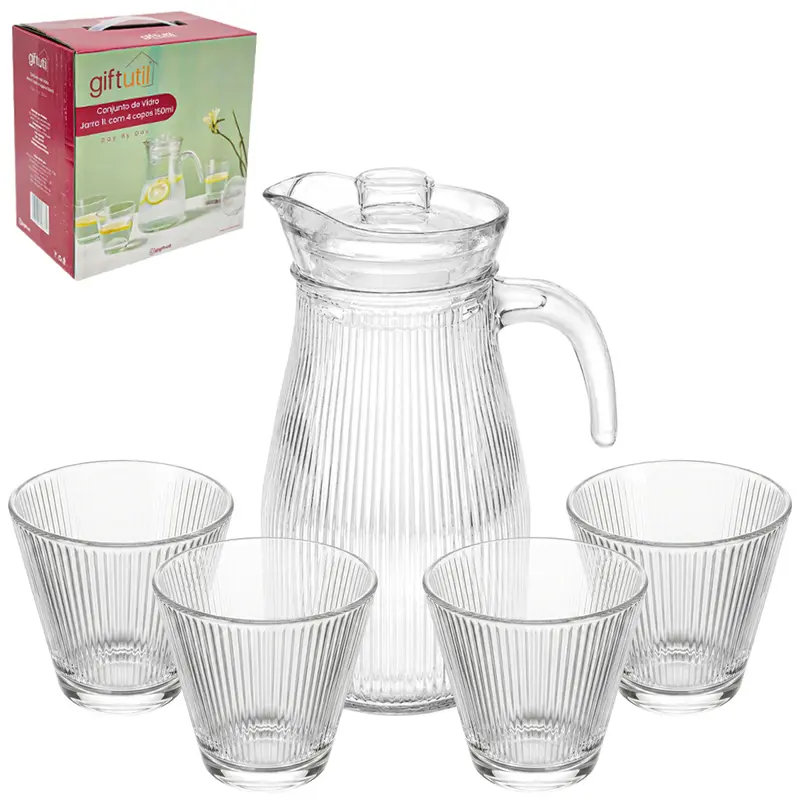 JARRA DE VIDRO 1L COM TAMPA DE ACRILICO COM 4 COPOS 150ML