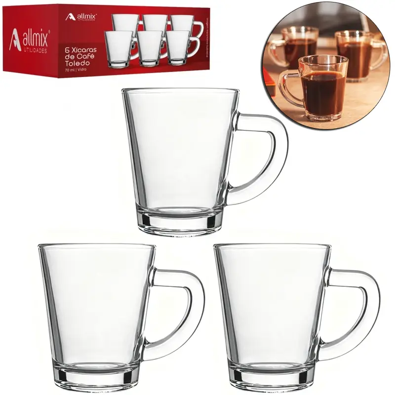 JOGO DE CANECA XICARA DE VIDRO PARA CAFE / CAPPUCCINO TOLEDO COM 6 PECAS 70ML