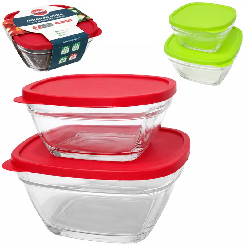 CONJUNTO DE POTE DE VIDRO QUADRADO COM TAMPA PLASTICO 2 PECAS 660 / 350ML