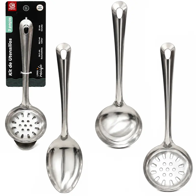 KIT UTENSILIOS COM COLHER ARROZ + CONCHA E ESCUMADEIRA RECIFE DE INOX