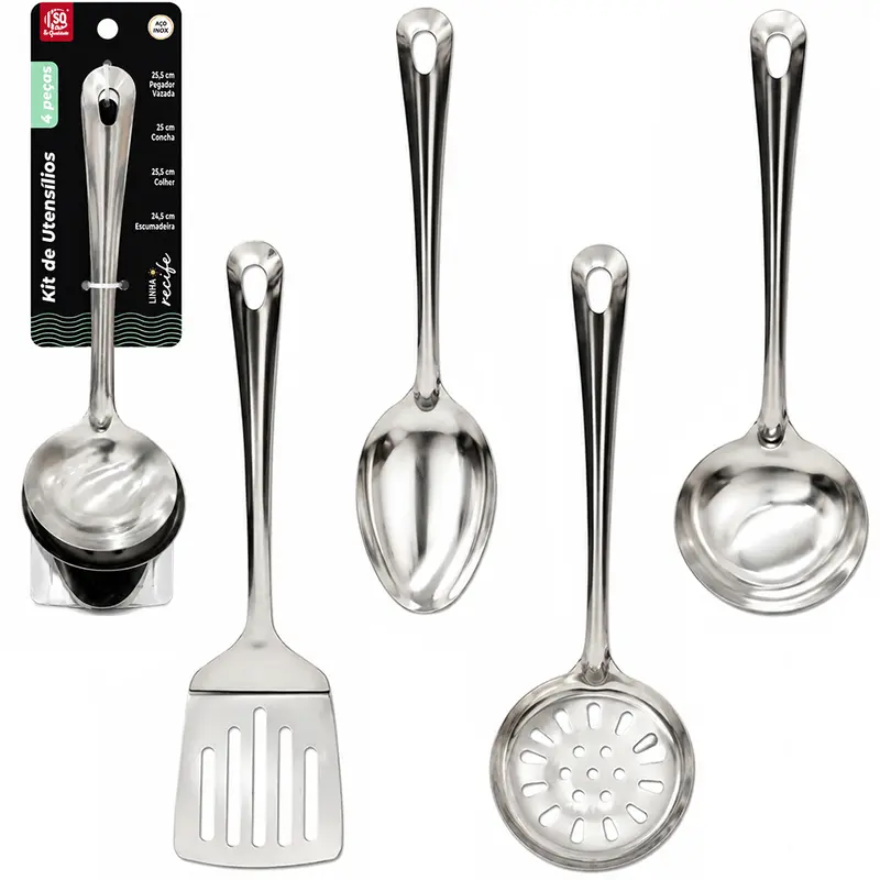 KIT UTENSILIOS COM COLHER ARROZ + CONCHA + ESCUMADEIRA E ESPATULA VAZADA RECIFE DE INOX