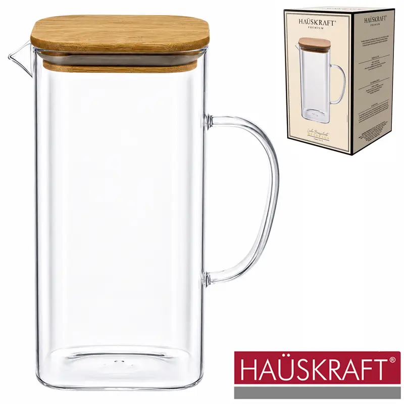 JARRA DE VIDRO COM TAMPA DE BAMBU LINHA BOROSSILICATO QUADRADA HAUSKRAFT PREMIUM 1,5L