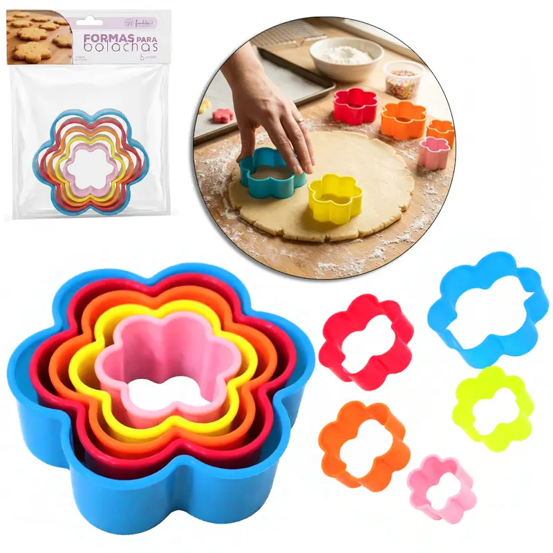 CORTADOR MOLDE DE PLASTICO PARA BISCOITO FLOR COM 5 PECAS
