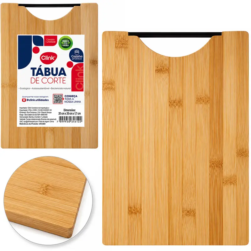 TABUA DE CORTE DE MADEIRA / BAMBU MULTIUSO RETANGULAR COM ALCA DE PLASTICO 30X20CM
