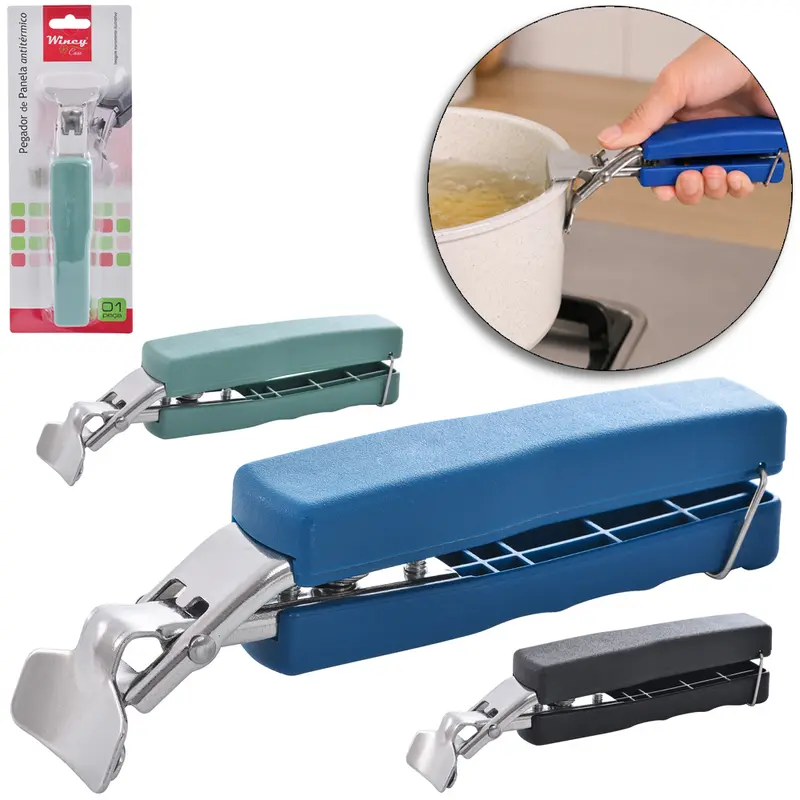 PINCA PEGADOR DE ASSADEIRA / PANELA DE INOX COM TRAVA + CABO PLASTICO 17X4X3CM