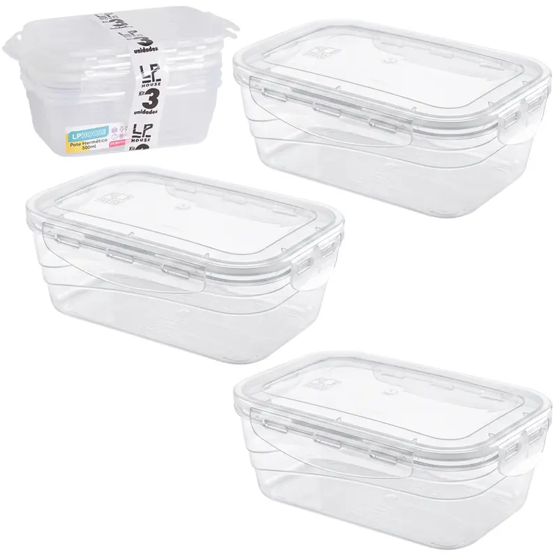 POTE DE PLASTICO RETANGULAR COM TAMPA HERMETICA E TRAVA COM 3 PECAS 500ML