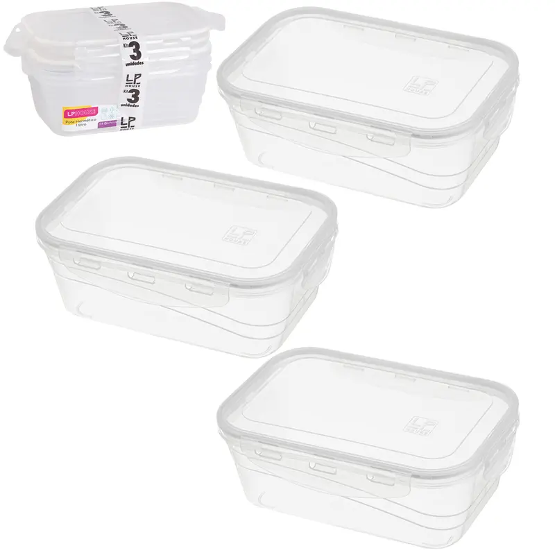CONJUNTO DE POTE DE PLASTICO RETANGULAR COM TAMPA HERMETICA E TRAVA COM 3 PECAS 1L