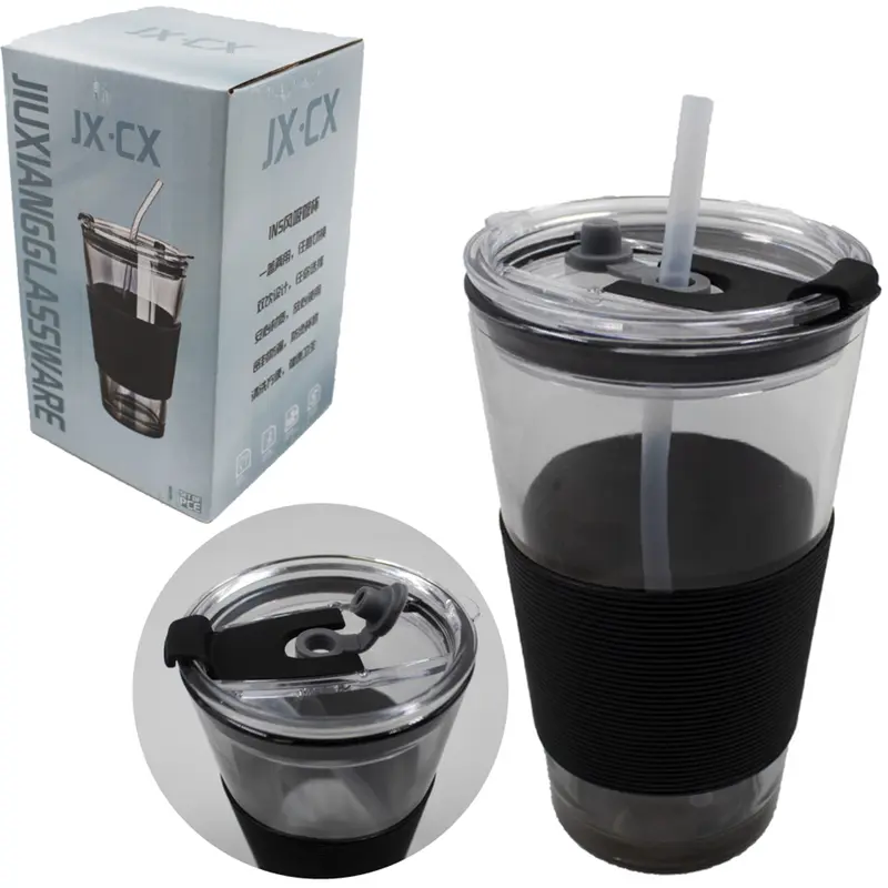 COPO DE VIDRO COM CANUDO + TAMPA DE ACRILICO FUME 450ML