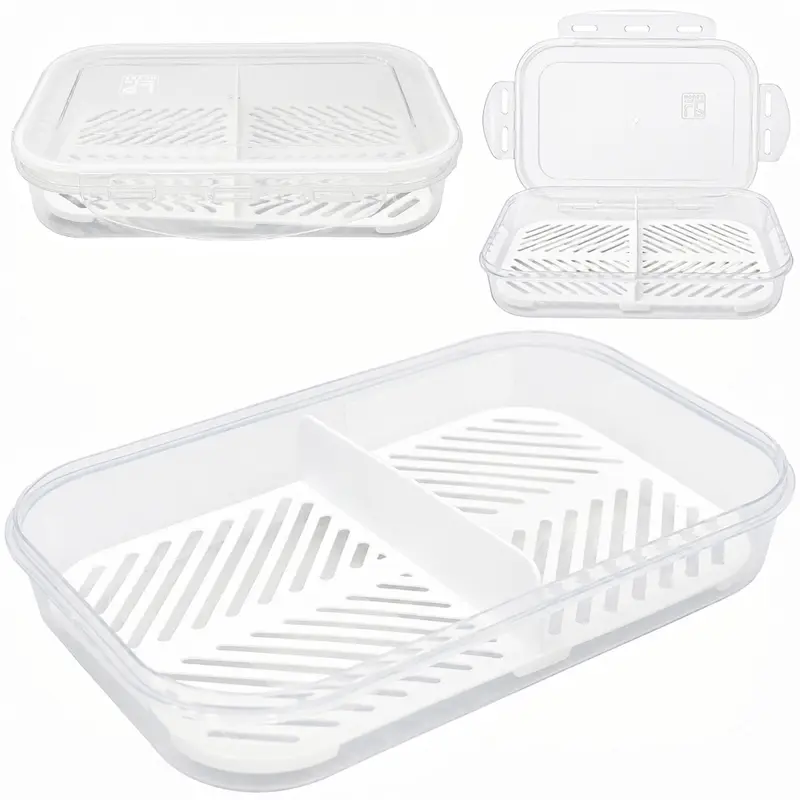 PORTA FRIOS DE PLASTICO DUPLO RETANGULAR COM TELA + TAMPA BRANCO 700ML 21X15X4CM