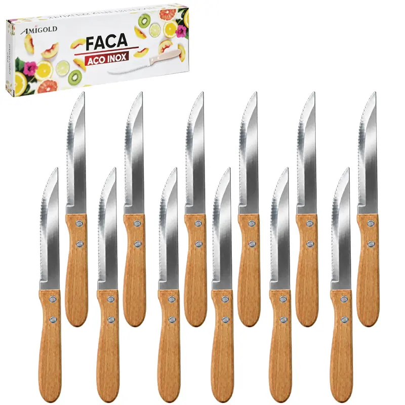FACA DE CHURRASCO DE INOX 4,5'' CABO MADEIRA COM 12 PECAS 21,5CM