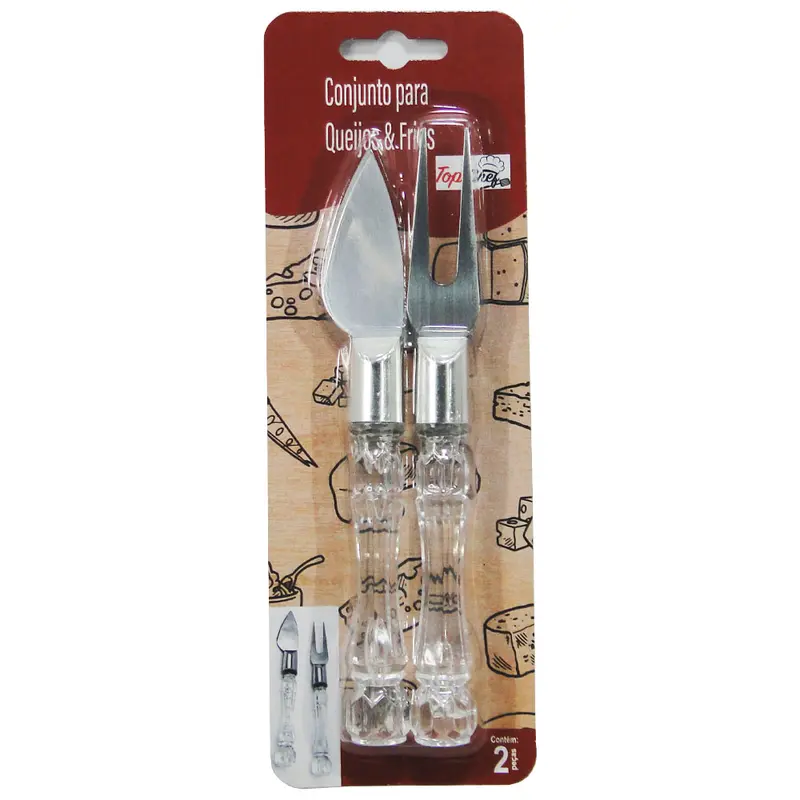 CONJUNTO PARA QUEIJO E FRIOS COM FACA + GARFO DE INOX CABO ACRILICO NA CARTELA