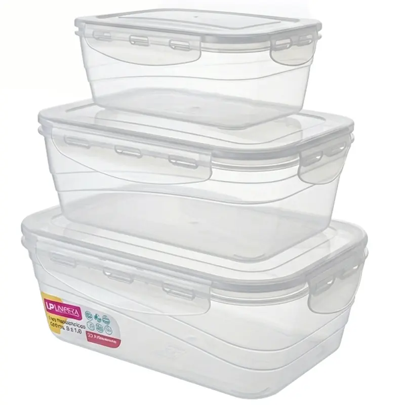 CONJUNTO DE POTE DE PLASTICO RETANGULAR COM TAMPA HERMETICA E TRAVA BRANCO COM 3 PECAS 1500/ 1000/ 500ML