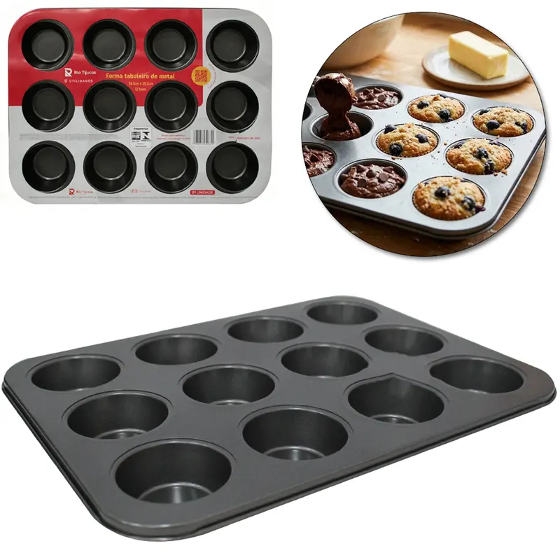FORMA ASSADEIRA DE ACO CARBONO ANTIADERENTE PARA CUPCAKE COM 12 CAVIDADES 24,5X26,5X3CM
