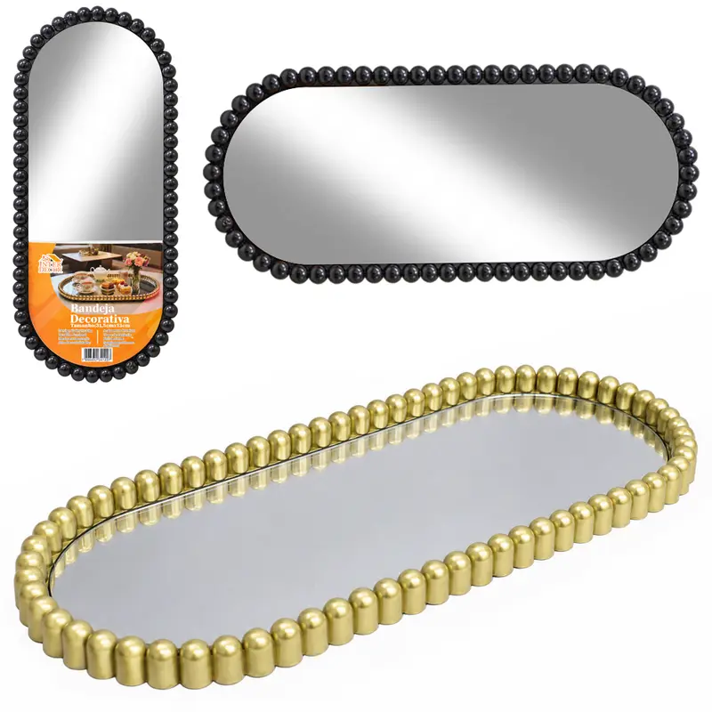 BANDEJA DE PLASTICO COM ESPELHO OVAL DECORATIVA INTER DECOR 31,5X13X1,5CM