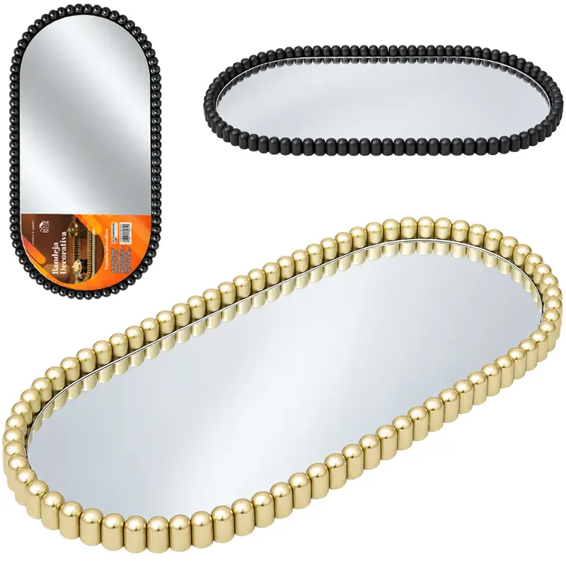 BANDEJA DE PLASTICO COM ESPELHO OVAL DECORATIVA INTER DECOR 40X20X1,5CM