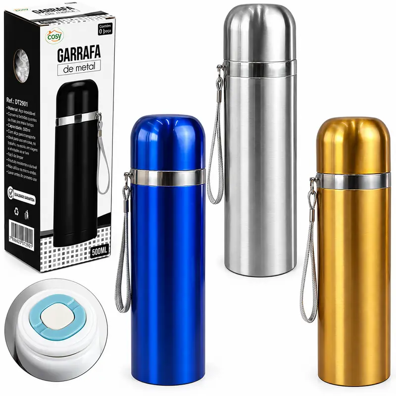 GARRAFA TERMICA COM PAREDE DUPLA DE INOX E ALCA 500ML