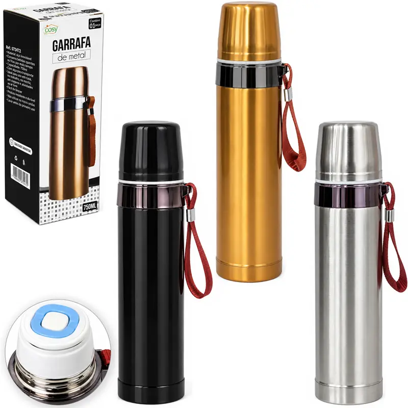 GARRAFA TERMICA COM PAREDE DUPLA DE INOX E ALCA 750ML