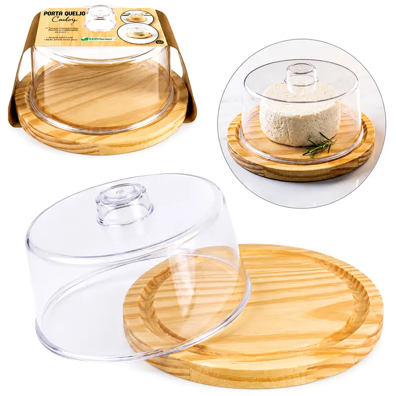 QUEIJEIRA DE MADEIRA PINUS COM TAMPA DE ACRILICO CRISTAL ECO PREMIUM 9,5X17,5CM DE Ø