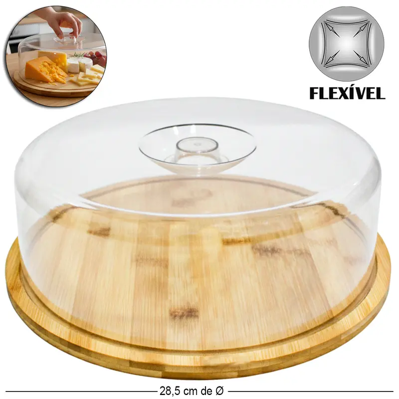 BOLEIRA DE BAMBU COM TAMPA DE PLASTICO PET FLEXIVEL 9X28,5CM DE Ø