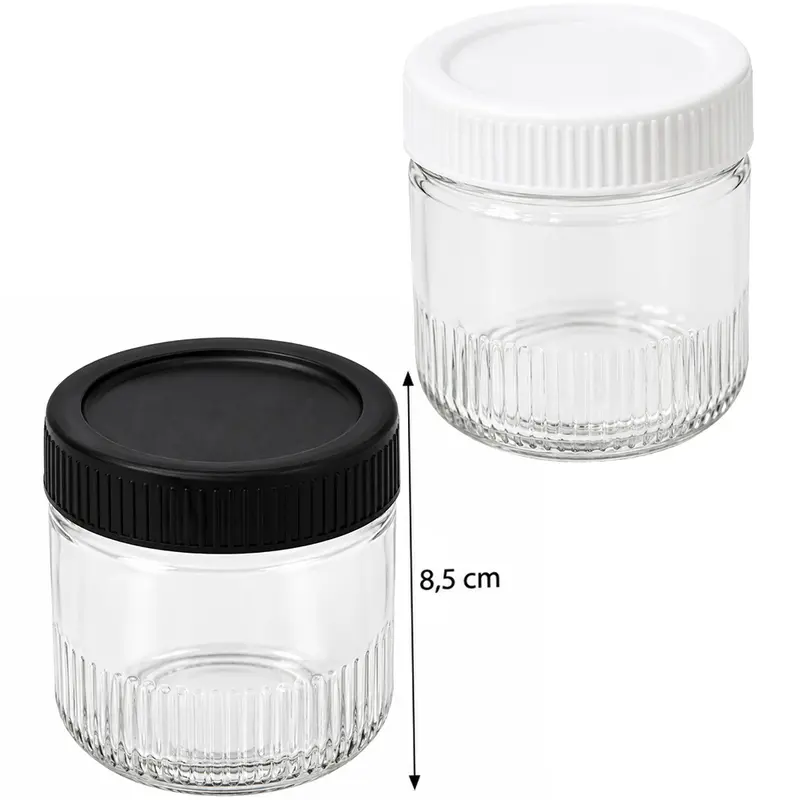 POTE DE VIDRO REDONDO COM TAMPA DE PLASTICO BRANCA / PRETA GAIA GLASS 260ML