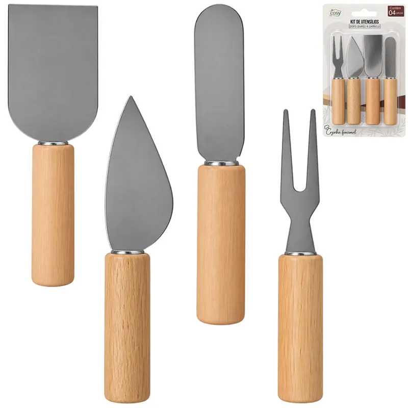 CONJUNTO PARA QUEIJO E FRIOS COM 2 FACAS + ESPATULA E GARFO DE INOX CABO BAMBU