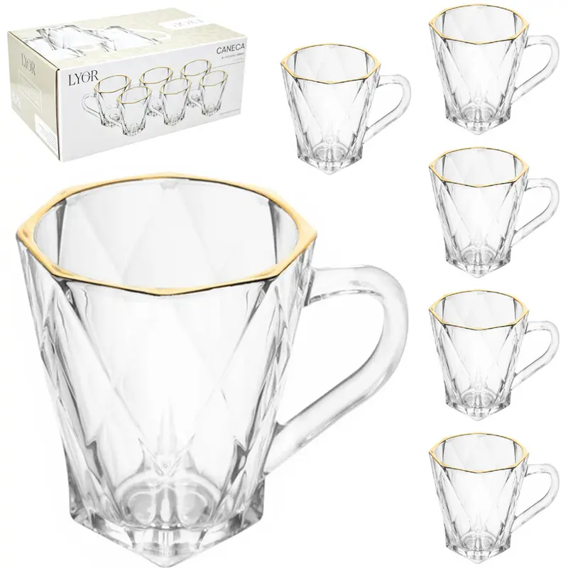 JOGO DE CANECA XICARA DE VIDRO CRISTAL COM BORDA DOURADA PARA CAFE / CAPPUCCINO DIAMOND COM 6 PECAS 180ML