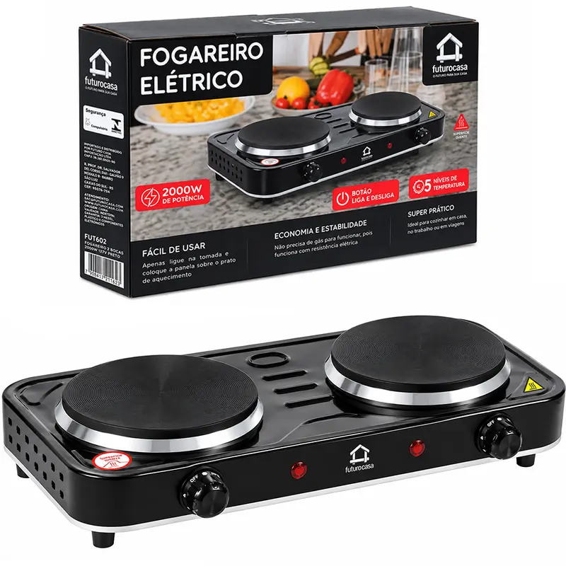 FOGAREIRO / FOGAO ELETRICO PORTATIL CHAPA INDUCAO 2 BOCAS 127V PRETO 2000W RELINX