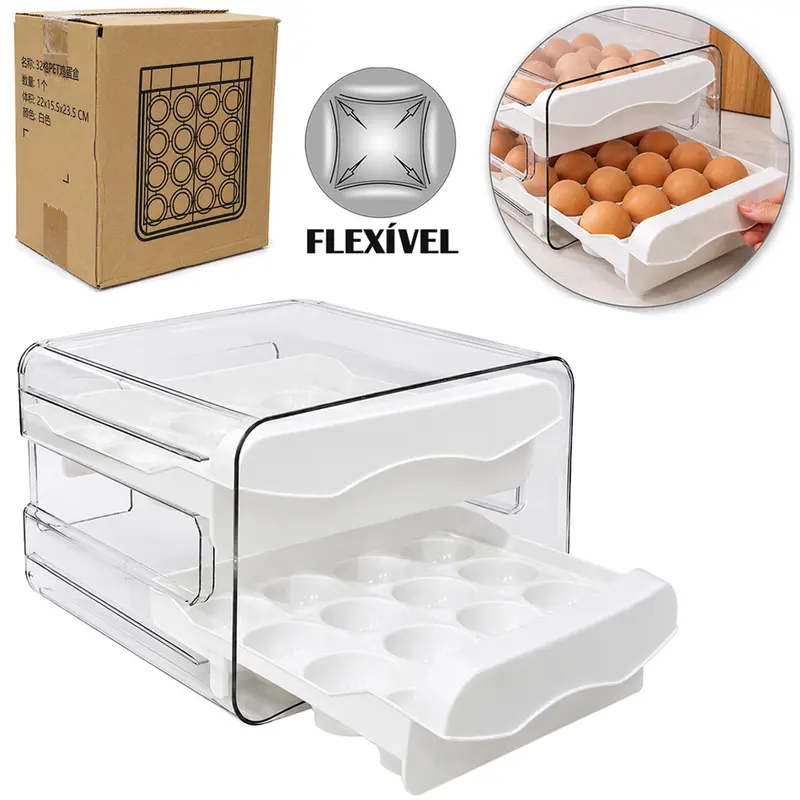 ORGANIZADOR PORTA OVOS DE PLASTICO PET FLEXIVEL RETANGULAR COM 2 GAVETAS 32 CAVIDADES 22,5X21,5X14,5CM