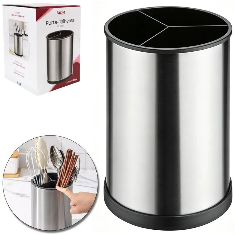 PORTA TALHER / UTENSILIOS / ESCORREDOR DE TALHER REDONDO COM BASE GIRATORIO + 3 DIVISORIAS FACILE DE INOX 17X12CM DE Ø