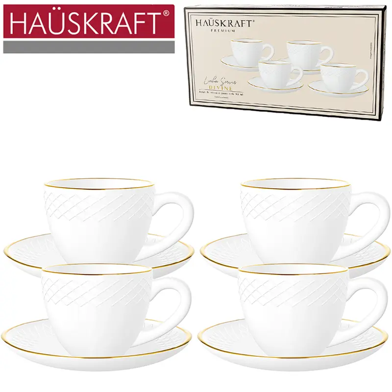 JOGO XICARA OPALINO BRANCO COM BORDA DOURADA + PIRES PARA CAFE LINHA SERVIR DIVINE HAUSKRAFT PREMIUM 8 PECAS