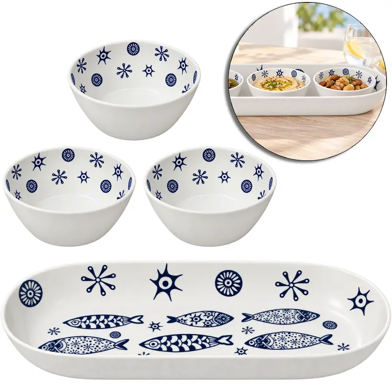 CONJUNTO TRAVESSA OVAL COM 3 TIGELAS REDONDA DE MELAMINA PREMIUM OCEANO