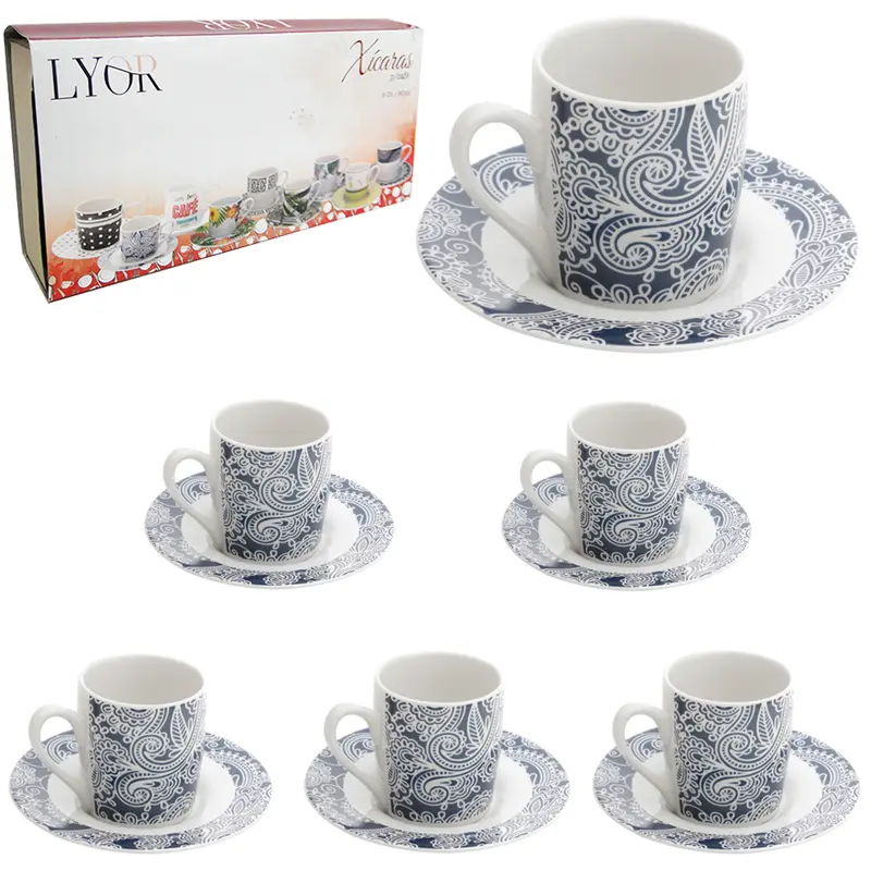 JOGO DE XICARA DE PORCELANA COM PIRES PARA CAFE BLUE FLORAL 12 PECAS 90ML NA CAIXA
