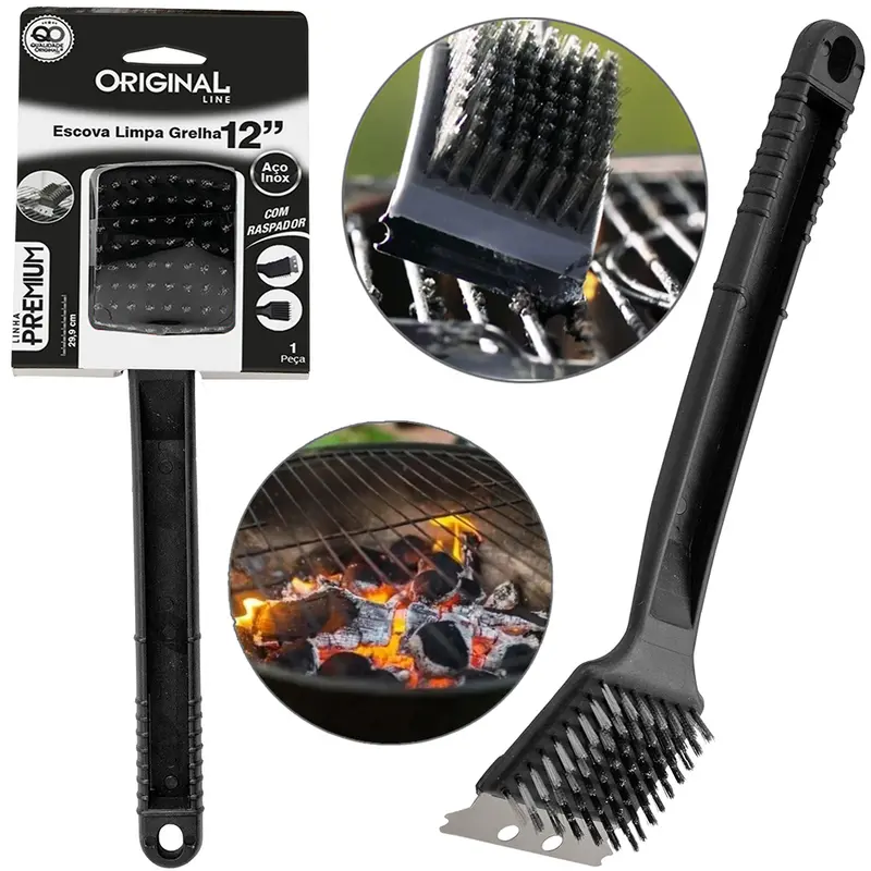 ESCOVA DE ACO PARA GRELHA CHURRASQUEIRA COM RASPADOR + CABO PLASTICO PREMIUM 12