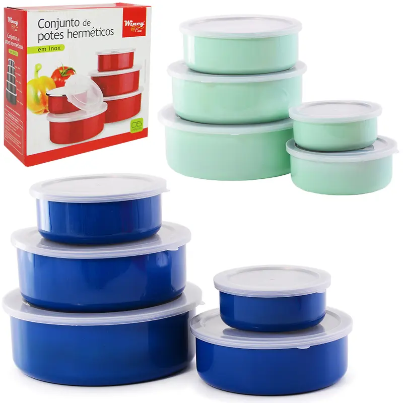 CONJUNTO DE POTE DE INOX REDONDO COM TAMPA DE PLASTICO 5 PECAS 250/450/700/1000/1400ML NA CAIXA