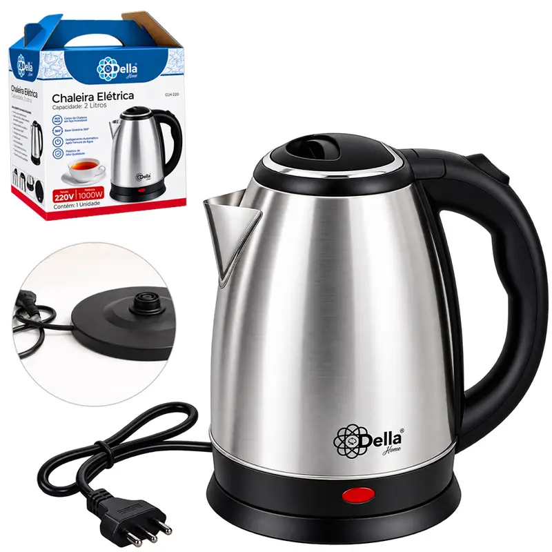 CHALEIRA JARRA ELETRICA DE INOX COM BASE REMOVIVEL + ALCA E LED INDICATIVO 2L 220V