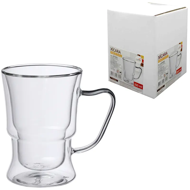 CANECA XICARA DE VIDRO BOROSSILICATO COM PAREDE DUPLA BISTRO 260ML NA CAIXA