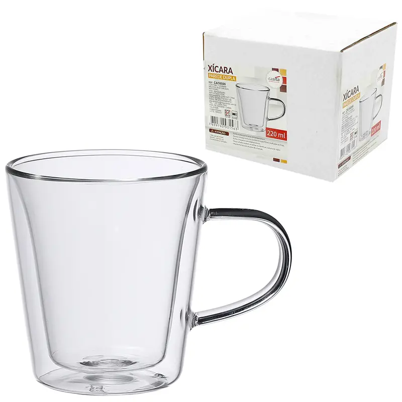 CANECA XICARA DE VIDRO BOROSSILICATO COM PAREDE DUPLA BISTRO 220ML NA CAIXA