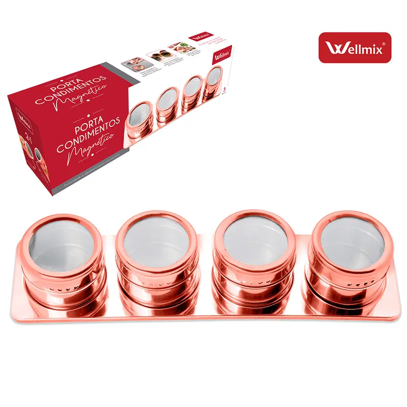 PORTA CONDIMENTO DE INOX MAGNETICO COM 4 PECAS 75ML + SUPORTE METALIZADO ROSE GOLD NA CAIXA