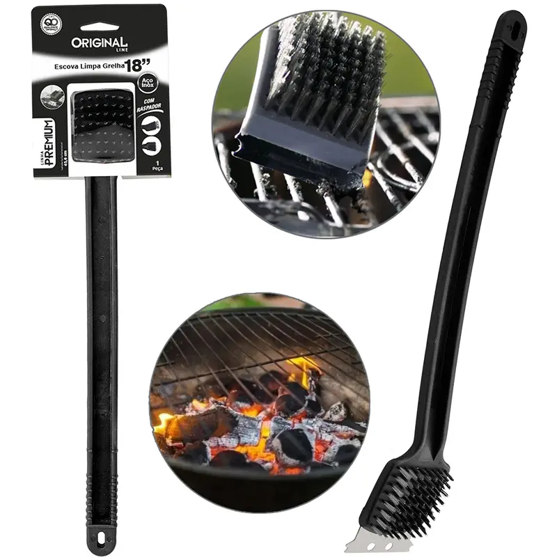 ESCOVA DE ACO PARA GRELHA CHURRASQUEIRA COM RASPADOR CABO PLASTICO PREMIUM 18